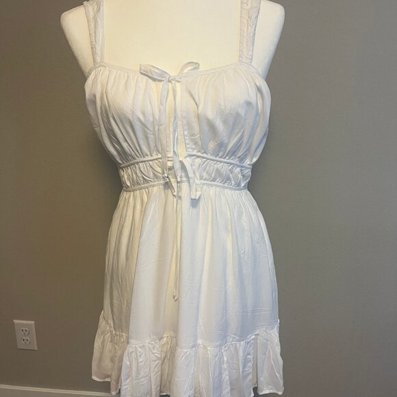 Adorable White Ruffle Hem Tie-Front Sundress American Eagle Outfitters - Picture 3 of 7
